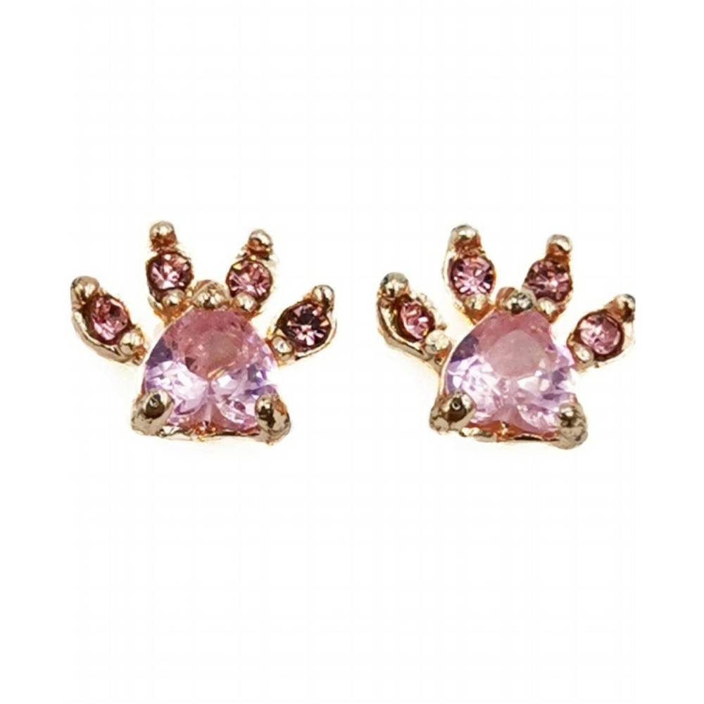Crystal Pink Cat Dog Paw Earrings - Picture 2 of 7